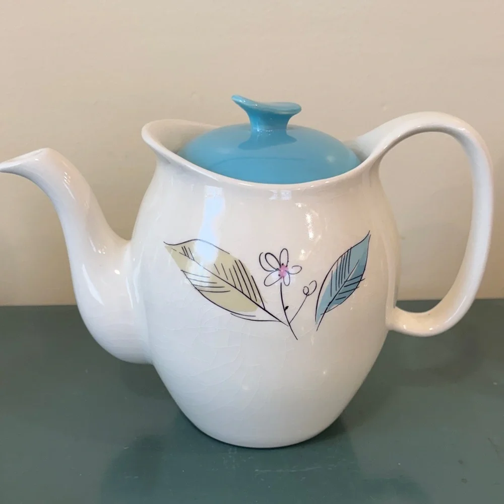 Vintage Salem China White Ceramic Teapot with Turquoise Lid and Leaf Motif